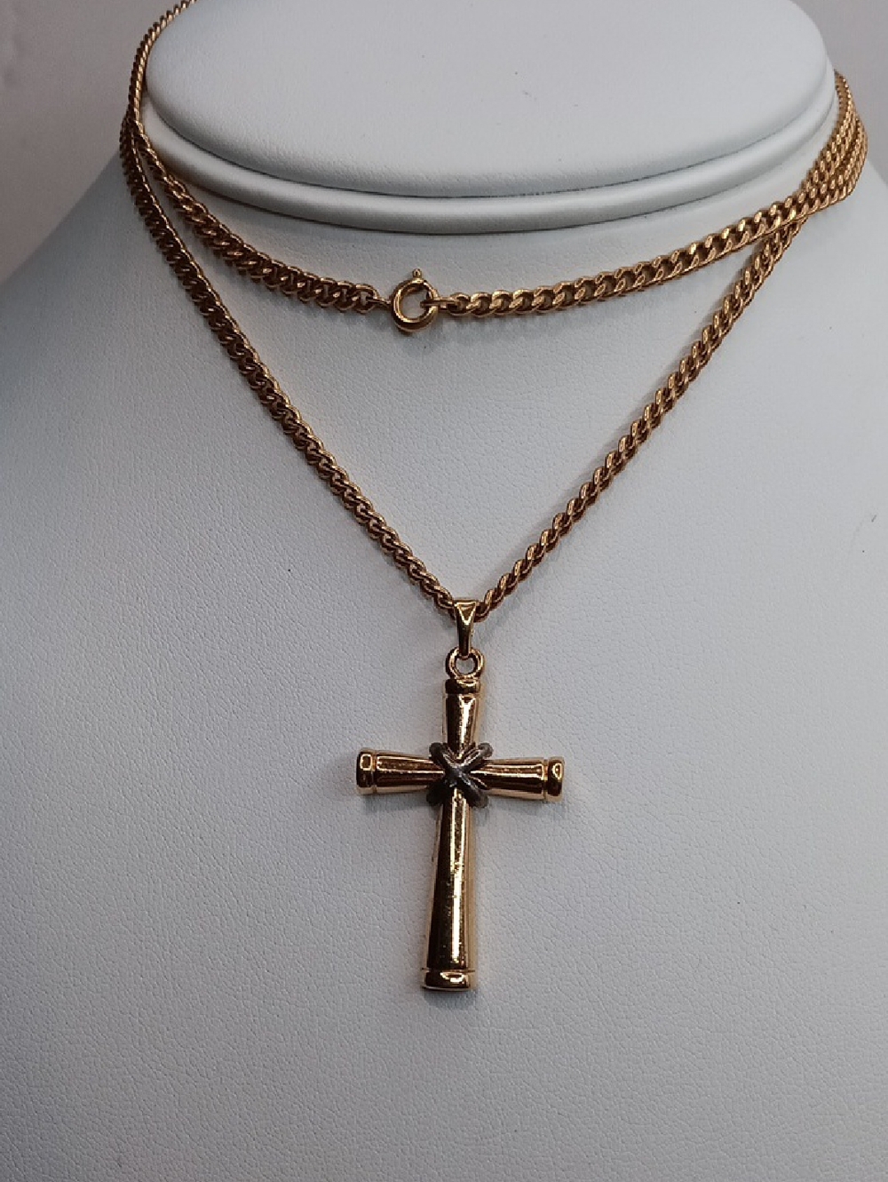 Gold Tone Cross Pendant Necklace 24" Long 12K GF Chain Vintage